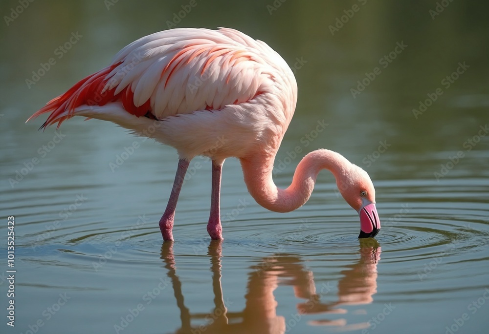 A pink flamingo wades in the water, bending neck and head to drink, while submerging legs A pink flamingo wades in the water, bending neck and head to drink, while submerging legs