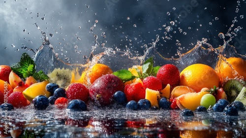 A vibrant arrangement of fresh fruit with water splashing around them.