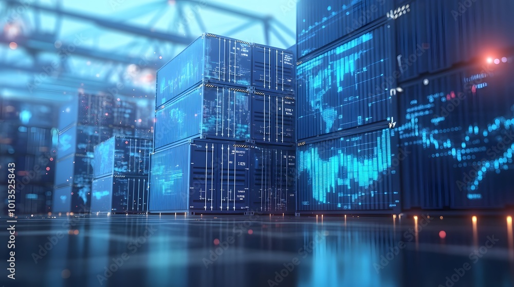 Stack of blue containers box with digital graph chart, import export business, 3d rendering. Stack of blue containers box with digital graph chart, import export business, 3d rendering.