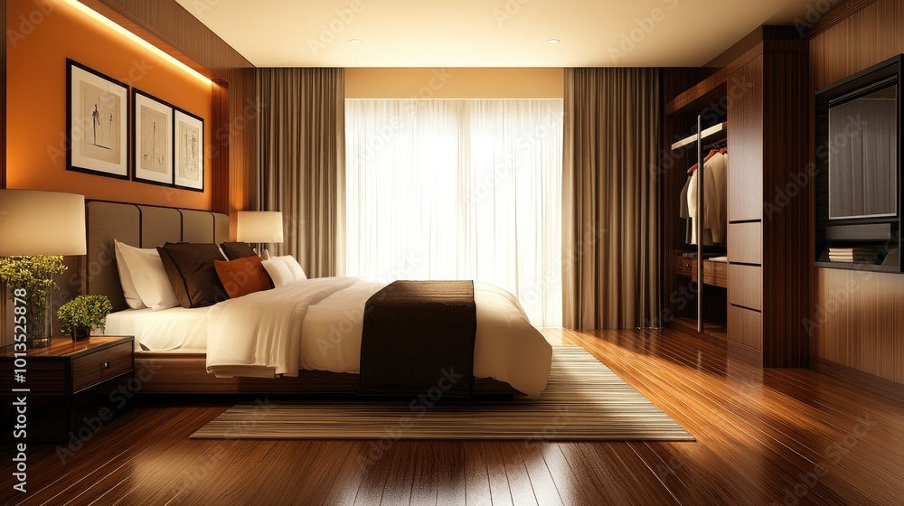A contemporary bedroom with warm wooden floors, a sophisticated wardrobe, and a clean, elegant entrance, creating a luxurious modern space A contemporary bedroom with warm wooden floors, a sophisticated wardrobe, and a clean, elegant entrance, creating a luxurious modern space