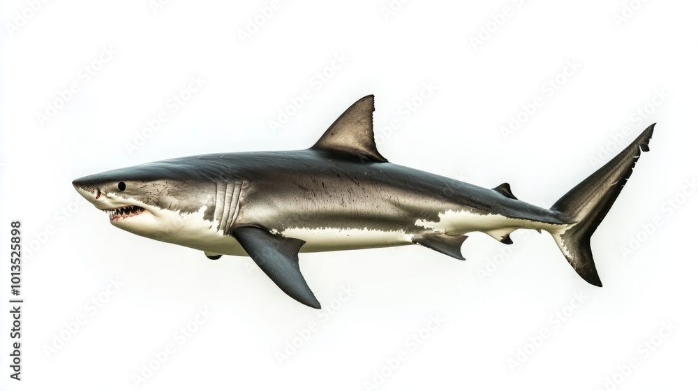 Full-Length Profile of a Shark Standing Vertically on a White Background