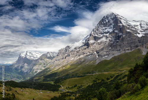 Stunning view of Eiger's north face and Grindelwald valley from Kleine Scheidegg, Grindelwald, Canton of Bern, Switzerland