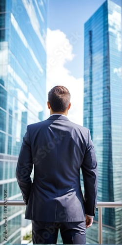 Vertical background. Back view of a successful standing against modern buildings background with copy space.