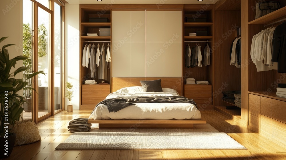 A spacious modern bedroom featuring wooden floors, a sleek wardrobe, and a minimalist entrance, creating a luxurious and serene ambiance A spacious modern bedroom featuring wooden floors, a sleek wardrobe, and a minimalist entrance, creating a luxurious and serene ambiance
