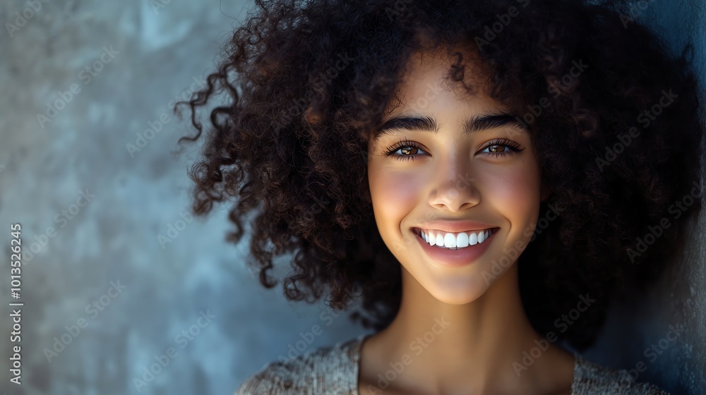 Portrait of a young woman with curly hair smiling. Portrait of a young woman with curly hair smiling.