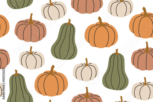 seamless pattern with different pumpkin; Halloween, autumn background - vector illustration