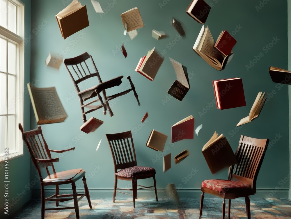 Fototapeta premium Books and chairs float in mid-air against a teal wall, creating a surreal and whimsical atmosphere, inviting curiosity and imagination.