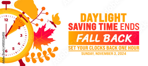 Fall Back daylight saving time ends 2024 background or banner design template. Fall Back Time 2024 is observed every year in November. Set Your Clock Back One Hour banner with clock.