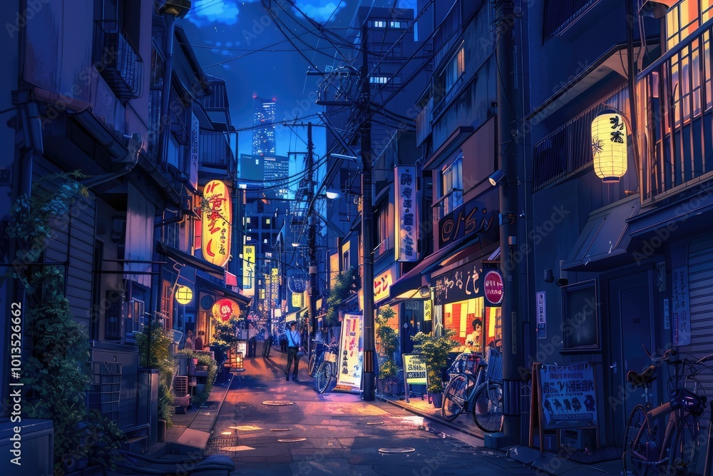 Fototapeta premium A vibrant nighttime alleyway filled with neon lights and inviting storefronts.