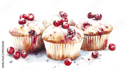 Cranberry muffins with a powdered sugar topping, watercolor, isolated. isolated on white background ready to bring joy to any space , cartoon drawing, water color style