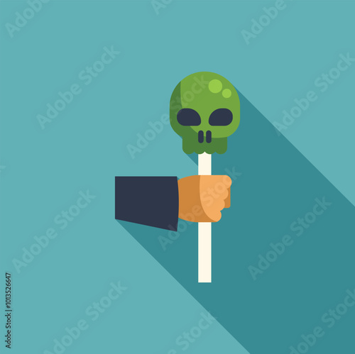 Minimal illustration of a hand holding a green skull lollipop on a stick, halloween concept