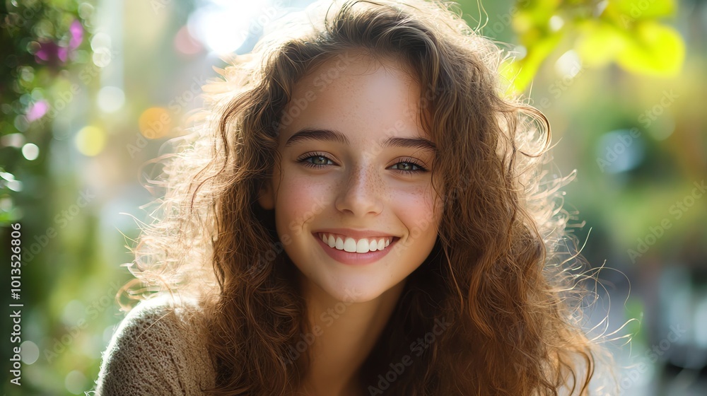 A beautiful young woman with long brown curly hair smiles brightly in the sunshine. A beautiful young woman with long brown curly hair smiles brightly in the sunshine.