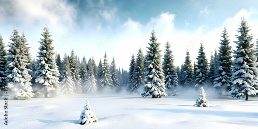3D Icon of a Snowy Forest with Rising Mist - Atmospheric Winter Landscape with Ample Copy Space for Creative Projects 3D Icon of a Snowy Forest with Rising Mist - Atmospheric Winter Landscape with Ample Copy Space for Creative Projects
