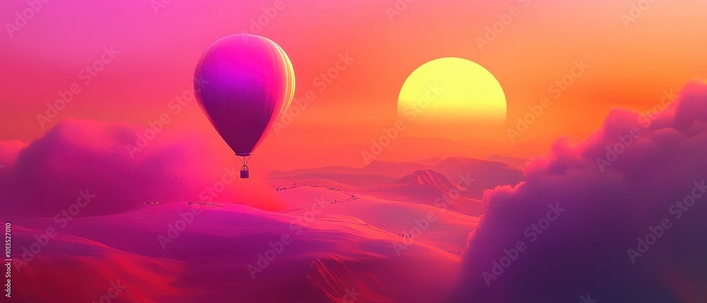Fototapeta premium A vibrant sunset scene featuring a purple hot air balloon soaring above colorful clouds.
