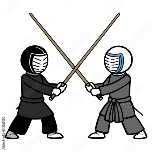 Kendo Combat: Two Kendo practitioners face off in a dynamic illustration, their bamboo swords crossed in a moment of intense focus and anticipation.  