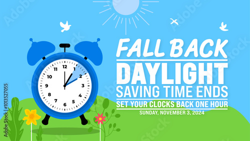 Fall Back daylight saving time ends 2024 background or banner design template. Fall Back Time 2024 is observed every year in November. Set Your Clock Back One Hour banner with clock.