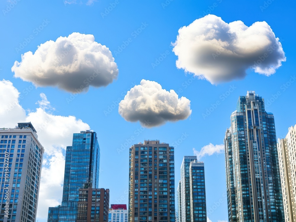 A vivid cityscape featuring tall buildings under a blue sky adorned with fluffy clouds, capturing a bright urban atmosphere. A vivid cityscape featuring tall buildings under a blue sky adorned with fluffy clouds, capturing a bright urban atmosphere.