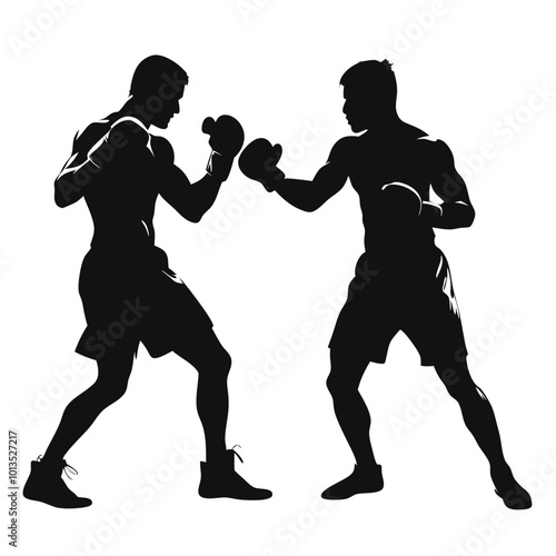 Boxing Match Silhouette: Two powerful boxers face off in a dramatic silhouette, poised for action.  The image captures the intensity and athleticism of the sport.