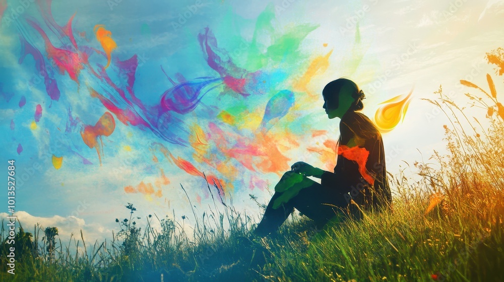 A silhouette of a person sits in a vibrant landscape, surrounded by colorful abstract swirls against a serene sky, suggesting creativity and introspection. A silhouette of a person sits in a vibrant landscape, surrounded by colorful abstract swirls against a serene sky, suggesting creativity and introspection.