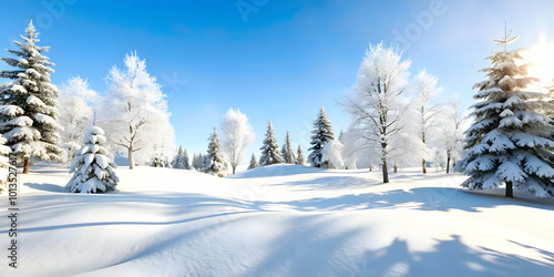 Wallpaper Mural 3D Glossy Winter Forest Landscape with Snow-Covered Trees, Clear Sky, and Ample Copy Space for Seasonal Promotions Torontodigital.ca