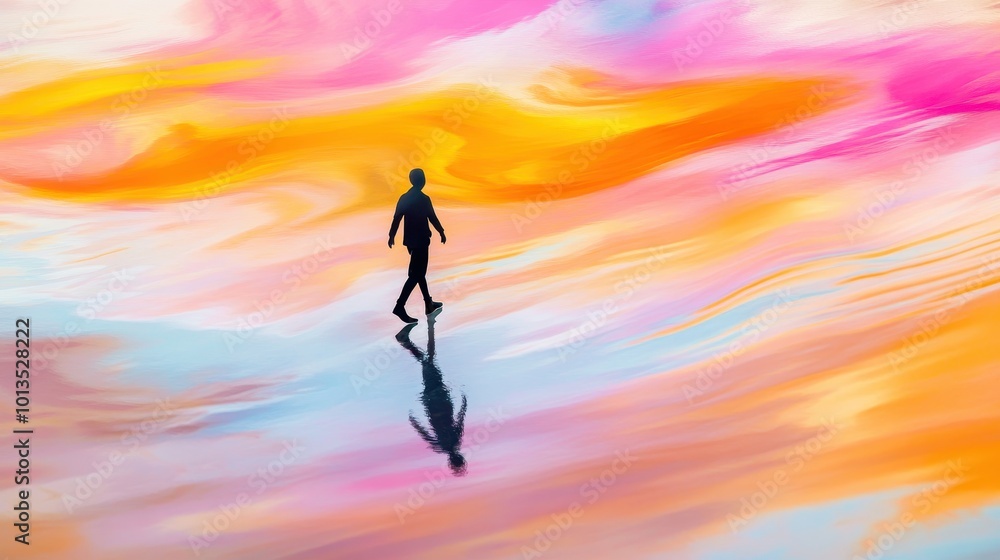 A silhouetted figure walks on a vibrant, swirling background of colors, reflecting a dreamy and surreal atmosphere. A silhouetted figure walks on a vibrant, swirling background of colors, reflecting a dreamy and surreal atmosphere.