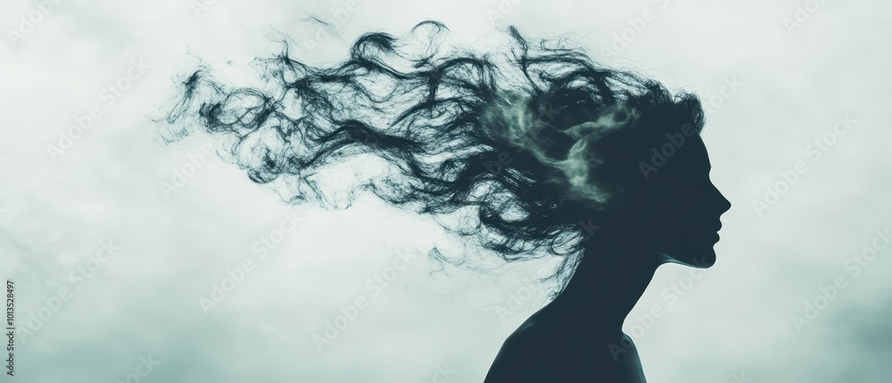 A silhouette of a woman with flowing hair against a soft, misty background, creating an ethereal and dreamy atmosphere. A silhouette of a woman with flowing hair against a soft, misty background, creating an ethereal and dreamy atmosphere.
