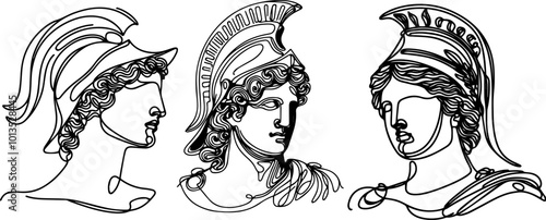 set of head of the antique god, line art for the design of clothing, furniture, dishes, posters and placards