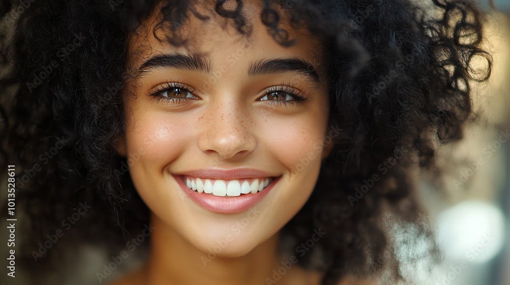 A close-up portrait of a young woman with beautiful brown eyes and a radiant smile. A close-up portrait of a young woman with beautiful brown eyes and a radiant smile.