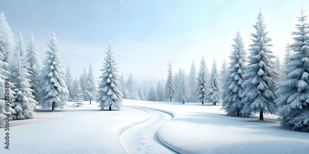3D Plain White Winter Pathway Surrounded by Snow-Covered Trees with Ample Copy Space for Banners - Minimalistic Winter Scene Focused on Inviting Backdrop 3D Plain White Winter Pathway Surrounded by Snow-Covered Trees with Ample Copy Space for Banners - Minimalistic Winter Scene Focused on Inviting Backdrop