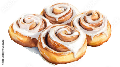 Cinnamon rolls topped with a sugary glaze, watercolor, isolated. isolated on white background ready to bring joy to any space , cartoon drawing, water color style