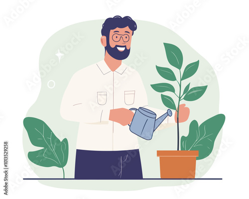 Cheerful Male Teacher Watering Seedling for Student Growth Concept - Knowledge Transfer, Skill Development, Inspirational Learning Vector Illustration