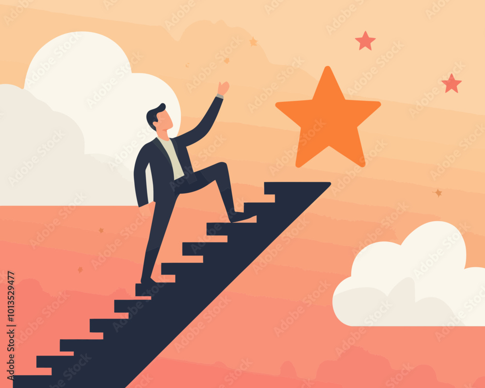 Successful Businessman Climbing a Staircase to Reach a Star Symbolizing Achievement and Ambition in a Flat Minimalist Vector Successful Businessman Climbing a Staircase to Reach a Star Symbolizing Achievement and Ambition in a Flat Minimalist Vector