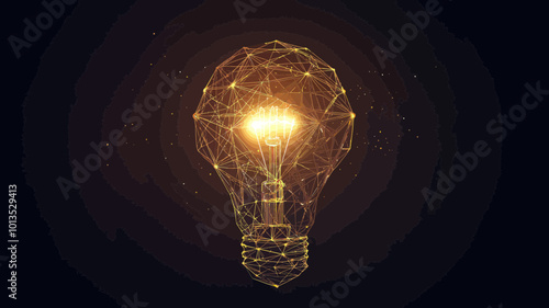 Polygonal Incandescent Light Bulb with Bright Warm Light on Dark Background Concept Art Idea Wireframe 3D Low Poly Origami Style