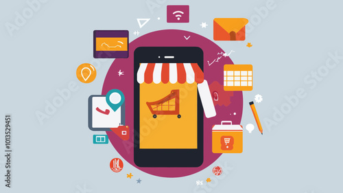 Flat Design Vector Image of Mobile Marketing Concept with Smartphone and E-commerce Icons Representing Online Shopping, Digital Marketing Tools, Analytics, Communication, and Business Growth