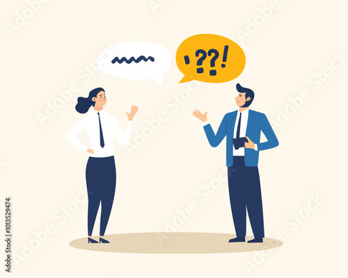 Business Communication Confusion: Businessman Using Technical Jargon in Speech Bubble Making Woman Colleague Confused - Flat Minimalist SVG Vector