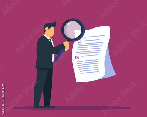 Businessman Analyzing Documents with Magnifying Glass for Contract Validation and Financial Review Flat Minimalist SVG Vector