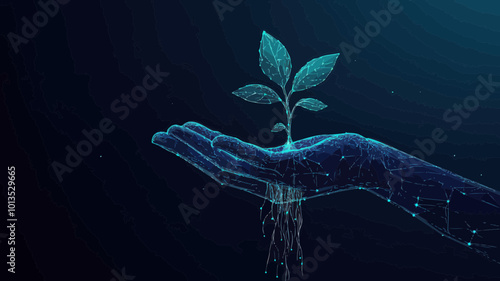 Abstract Digital Hands Protecting Sprout with Low Poly Wireframe 3D Effect, Conservationist Plant Protection, Minimalist Vector Illustration for Sustainability Concepts
