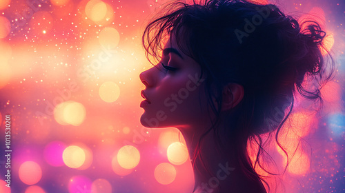 Silhouette of a woman lost in thought against a softly glowing, ethereal background, evoking feelings of wonder and contemplation. Enigmatic woman's profile in neon glow - magical and reflective.