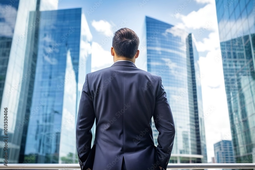 Back view of a successful standing against modern buildings background with copy space. Back view of a successful standing against modern buildings background with copy space.
