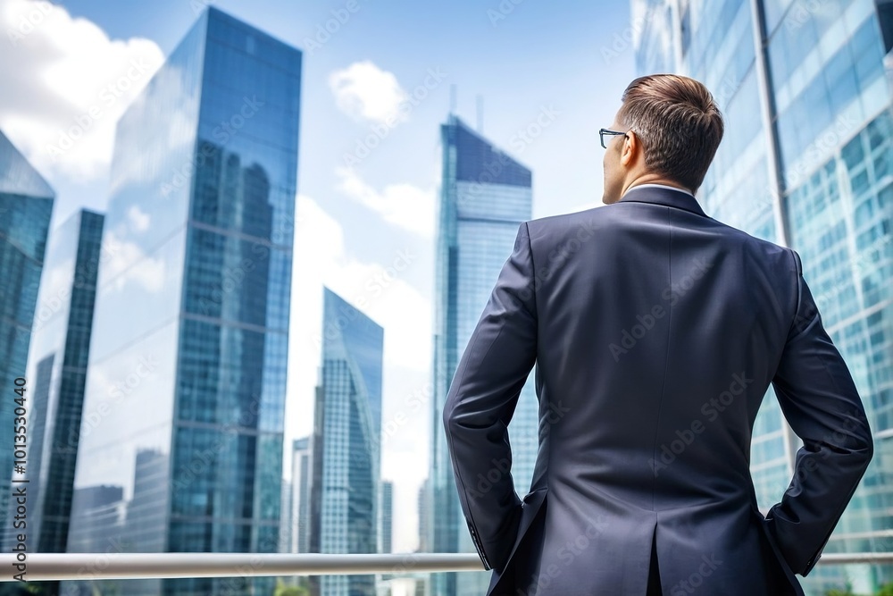 Back view of a successful standing against modern buildings background with copy space. Back view of a successful standing against modern buildings background with copy space.