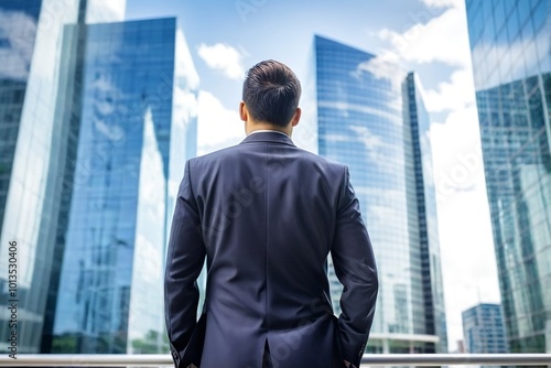 Back view of a successful standing against modern buildings background with copy space.