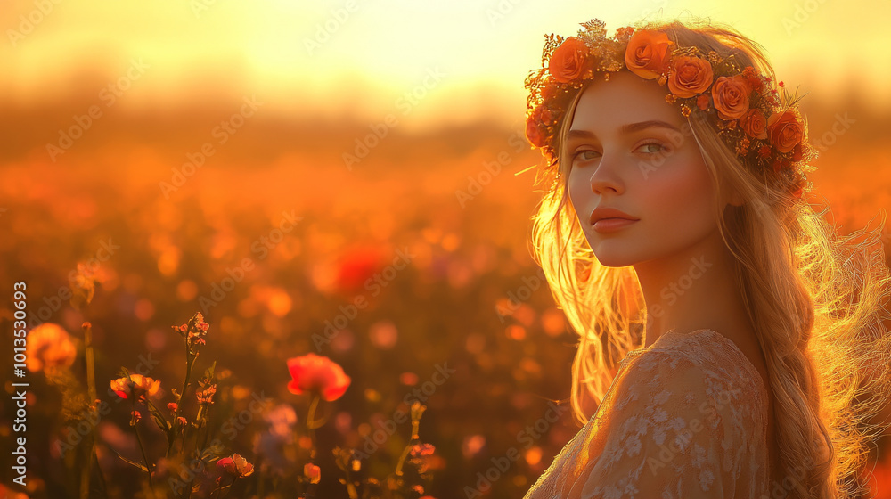 Naklejka premium woman with floral crown, bathed in warm golden light, stands amidst field of blooming flowers, her eyes reflecting beauty and serenity of moment.