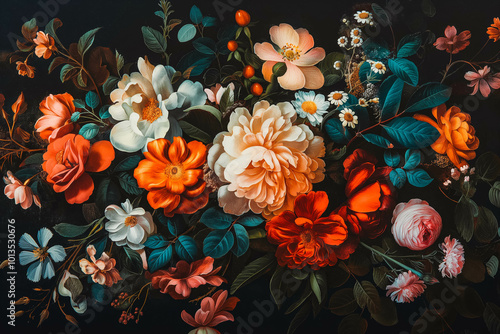 Vintage bouquet of beautiful flowers on black. Floral background. Baroque old fashiones style. Natural pattern wallpaper or greeting card photo