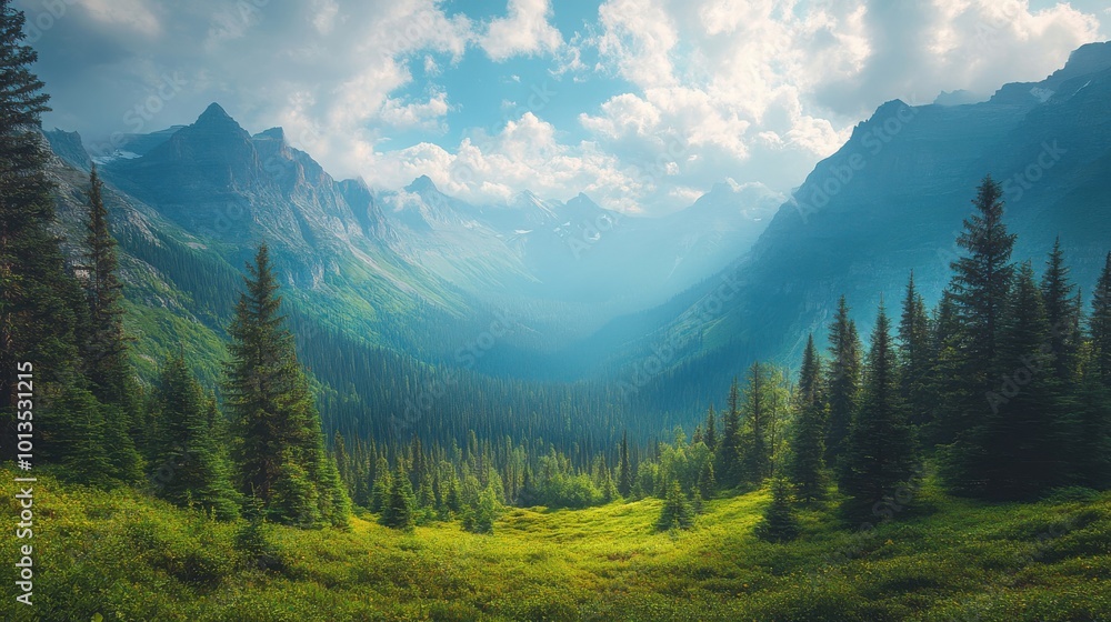 Peaceful Mountain Valley Panorama with Lush Greenery Peaceful Mountain Valley Panorama with Lush Greenery