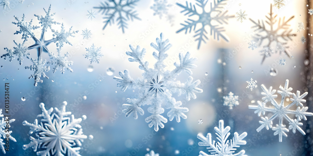 Glossy Snowflakes on Cold Glass with Soft Fog of Breath - Cozy Winter Background with Clear Copy Space for Photo Stock Glossy Snowflakes on Cold Glass with Soft Fog of Breath - Cozy Winter Background with Clear Copy Space for Photo Stock