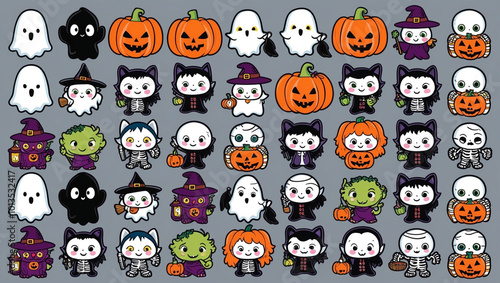 Set of cute Halloween cartoon characters featuring ghosts, pumpkins, witches, skeletons, vampires, and monsters. Ideal for Halloween stickers and decorations.