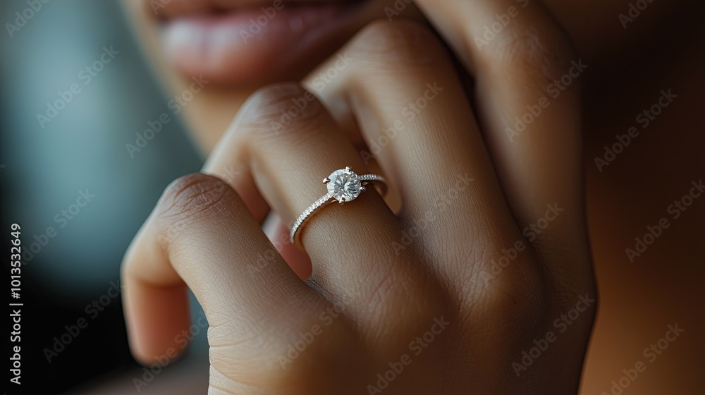 Diamond engagement ring on a womans finger. Diamond engagement ring on a womans finger.