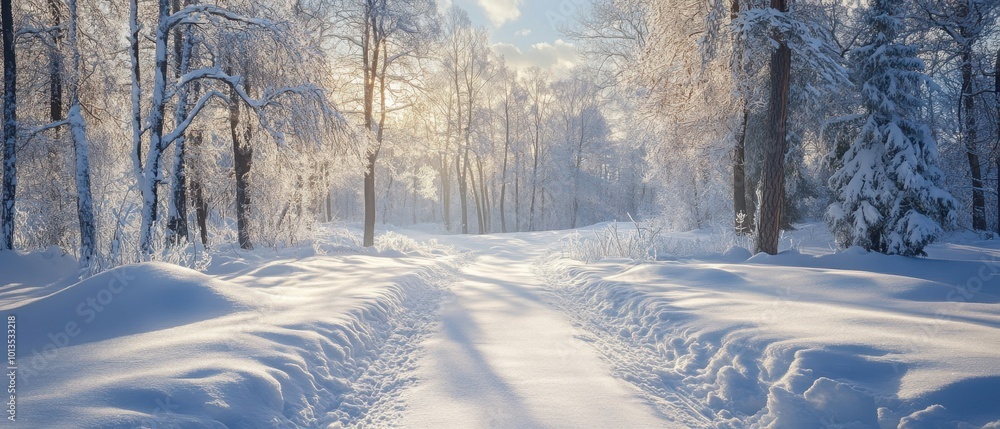 Fototapeta premium Winter Panoramic Landscape with Snowy Road and Trees