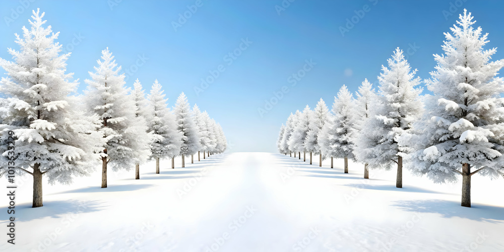 3D Plain White Winter Pathway with Snow-Covered Trees: Minimalistic Scene with Ample Copy Space for Banners and Clean Backdrop, Wide Angle Shot, Isolated Icon on White Background 3D Plain White Winter Pathway with Snow-Covered Trees: Minimalistic Scene with Ample Copy Space for Banners and Clean Backdrop, Wide Angle Shot, Isolated Icon on White Background