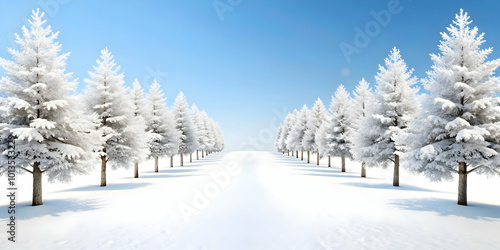 Wallpaper Mural 3D Plain White Winter Pathway with Snow-Covered Trees: Minimalistic Scene with Ample Copy Space for Banners and Clean Backdrop, Wide Angle Shot, Isolated Icon on White Background Torontodigital.ca
